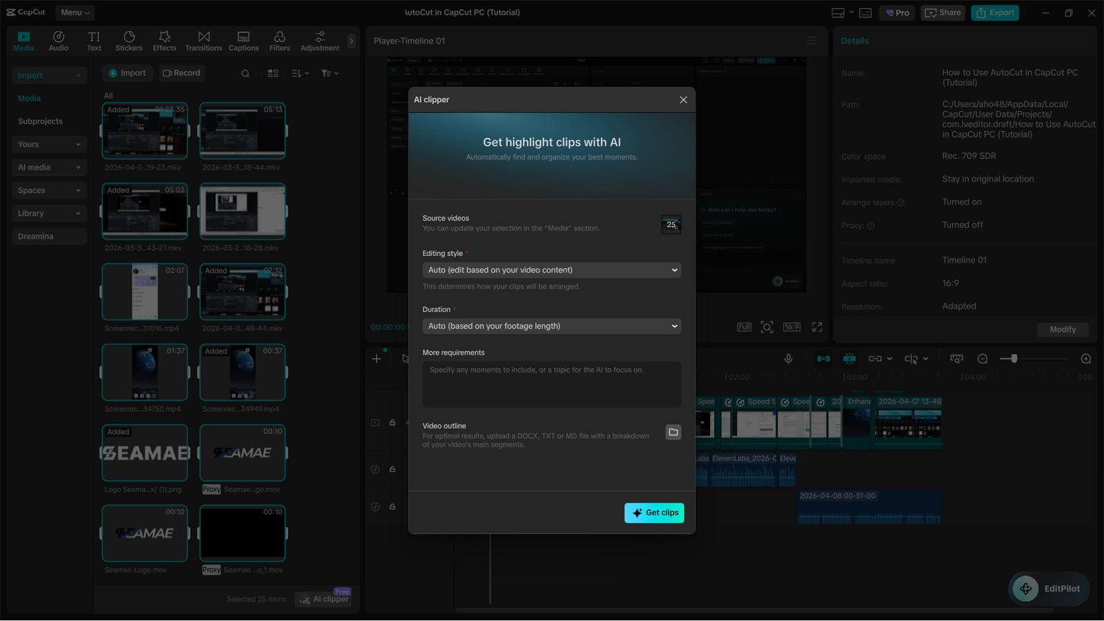 AutoCut in CapCut to create videos automatically.